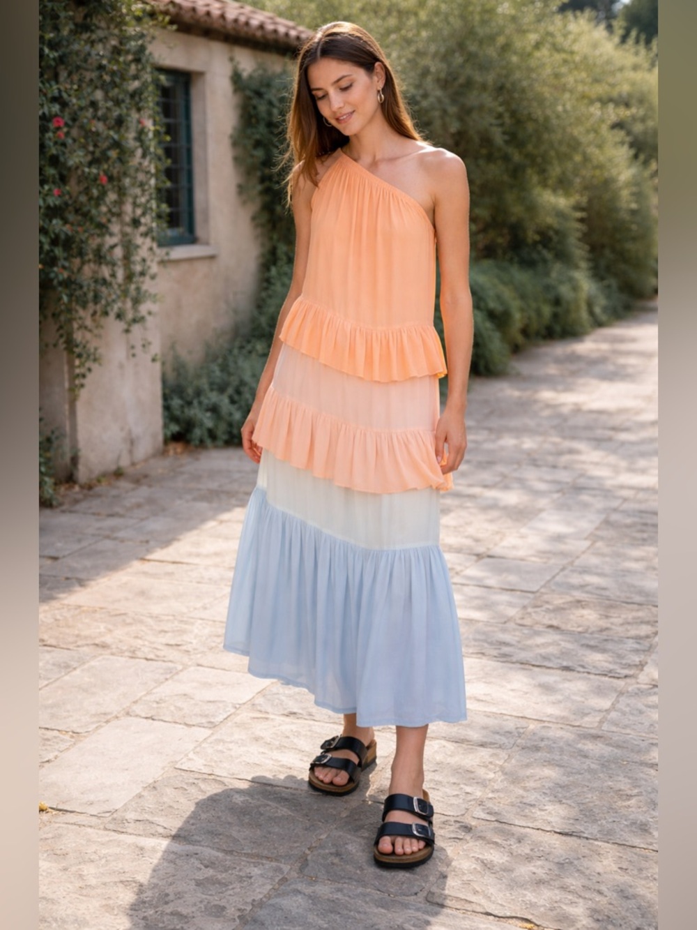 Young Fabulous & Broke Frida Ombre Maxi Dress Feather Gauze Ruffle Tiered NWT
